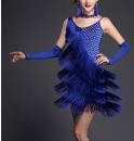 スパンコールダンスドレス3点セット/ドレス&ネックレス&グローブ/y9437-ブルー