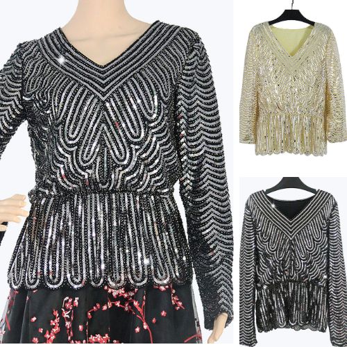 【予約商品】スパンコール長袖 V ネックチュニックトップRSV008023